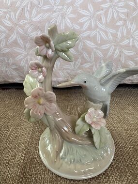 Porcelain Hummingbird & Floral Figurine in Soft Pastels